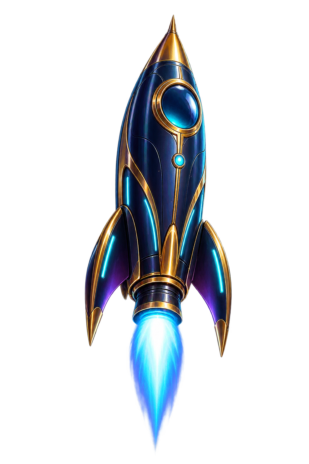 Blue and gold rocket with a glowing circular window ring